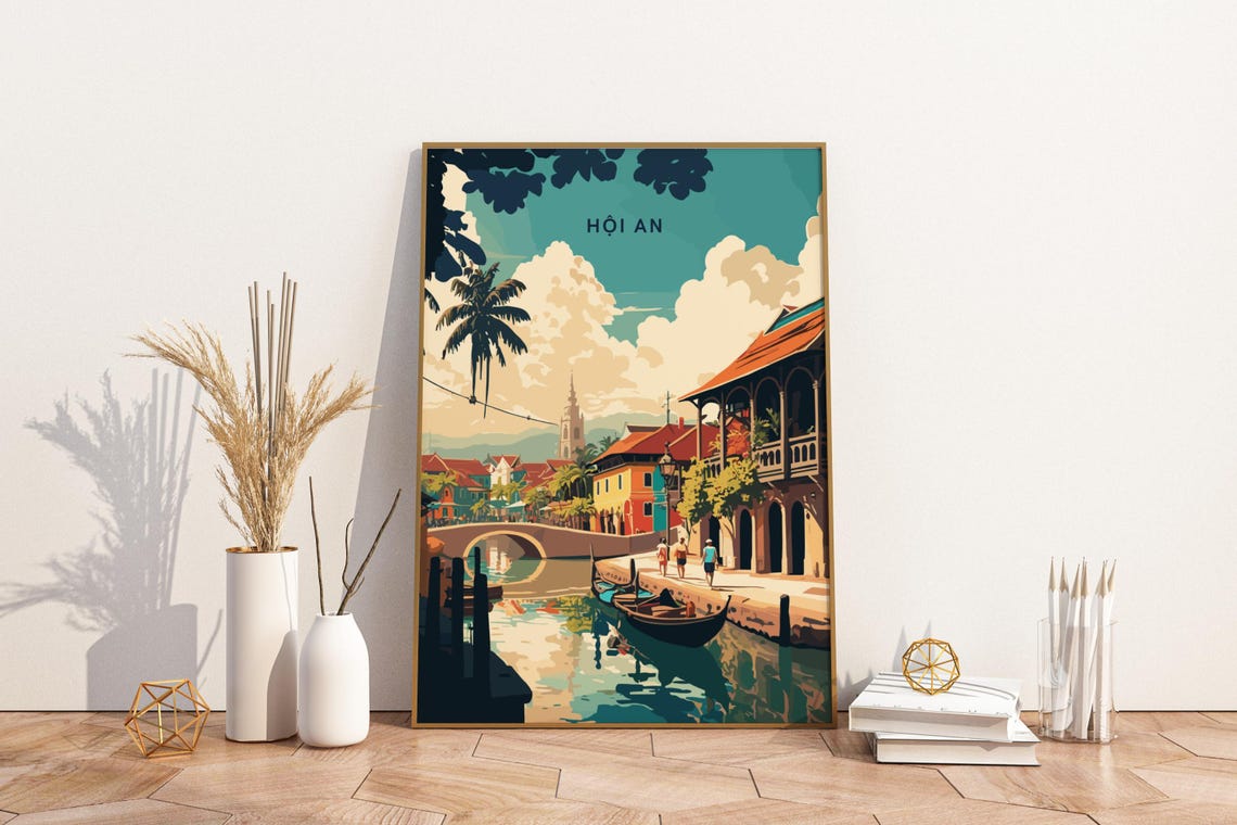 Hoi An Vietnam Old Town Canal Lanterns Vintage Travel Poster