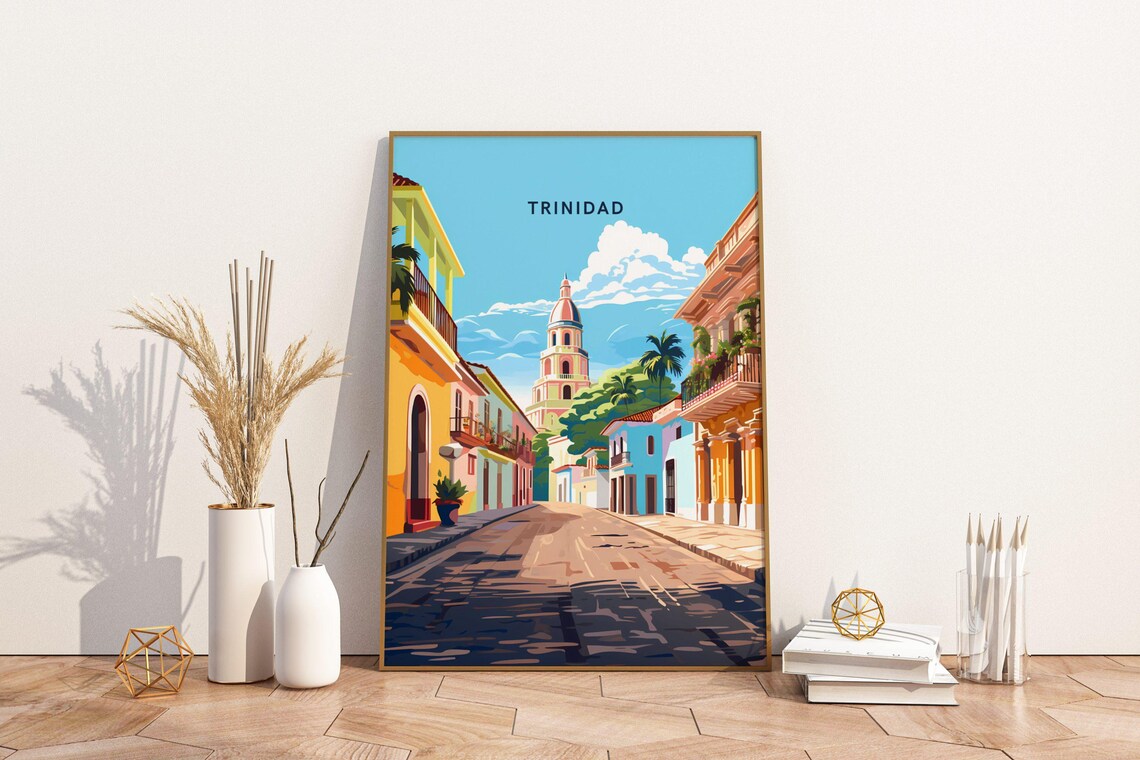 Trinidad Colonial Street Travel Poster with Colorful Facades and Palms