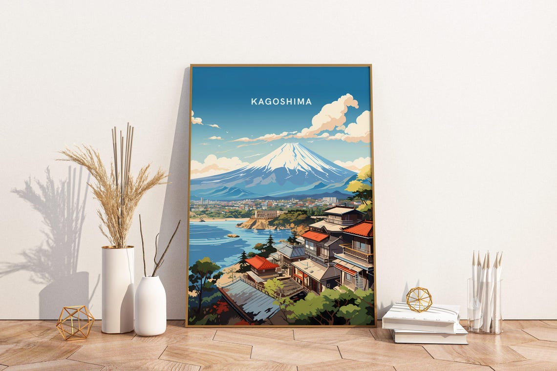 Kagoshima Japan Sakurajima Volcano Coastal Town Travel Poster