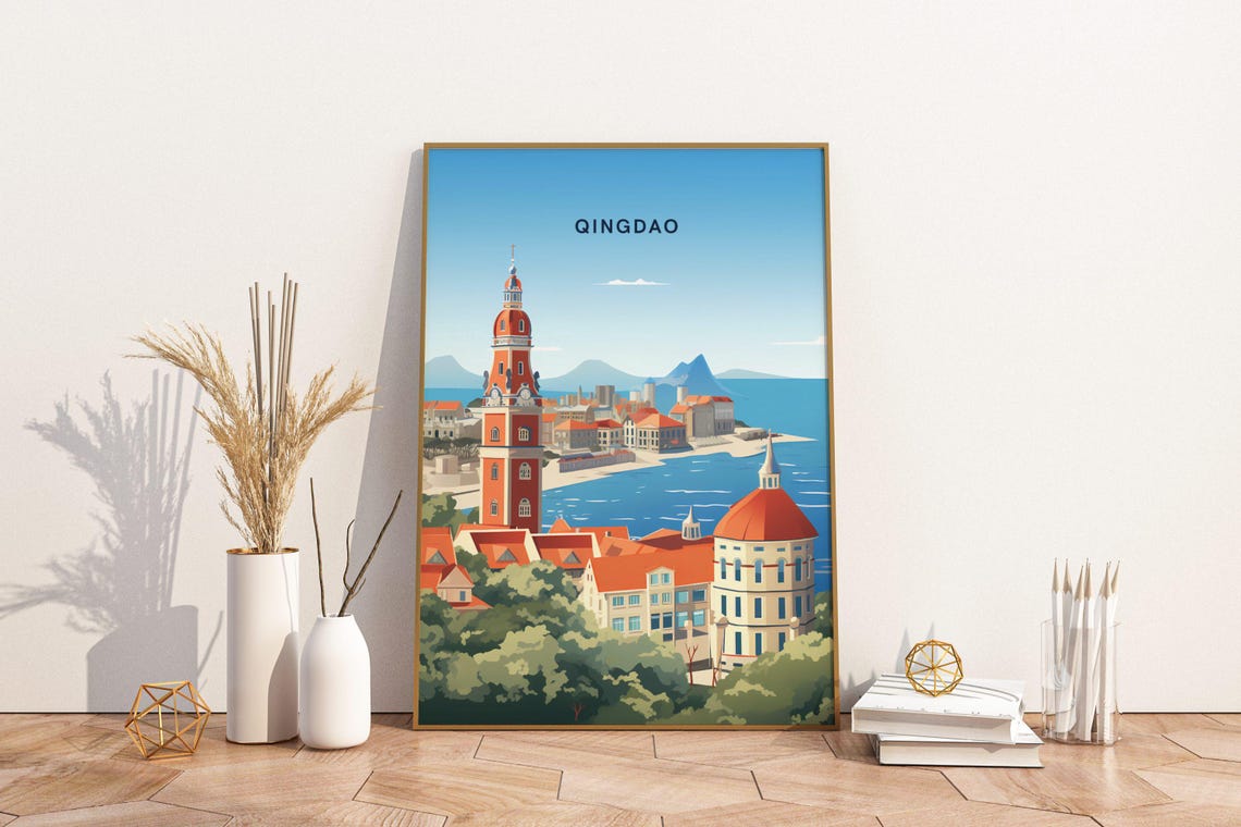 Qingdao Seaside Skyline With Red Rooftops China Coastal Travel Poster