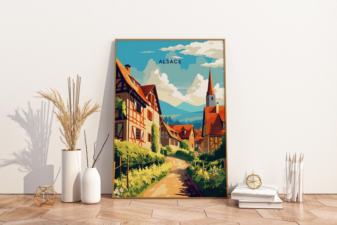 Alsace France Half Timbered Village Street Church Travel Poster