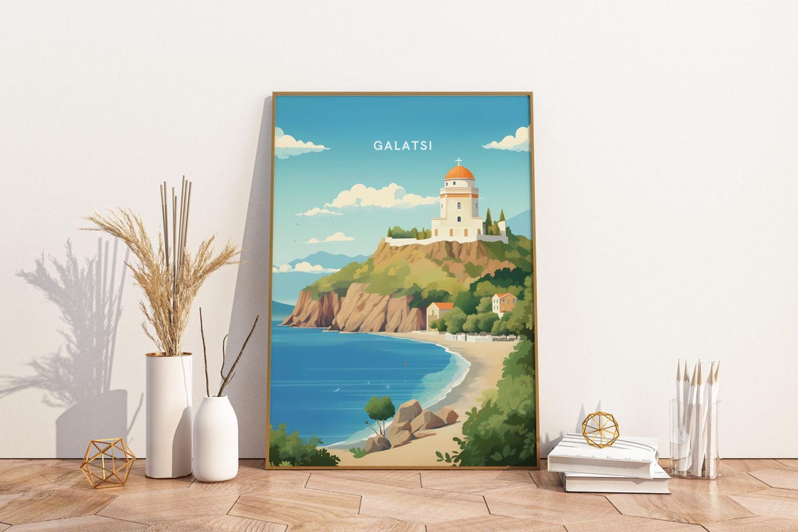 Galatsi Greece Coastal Church Hill Beach Illustration Poster