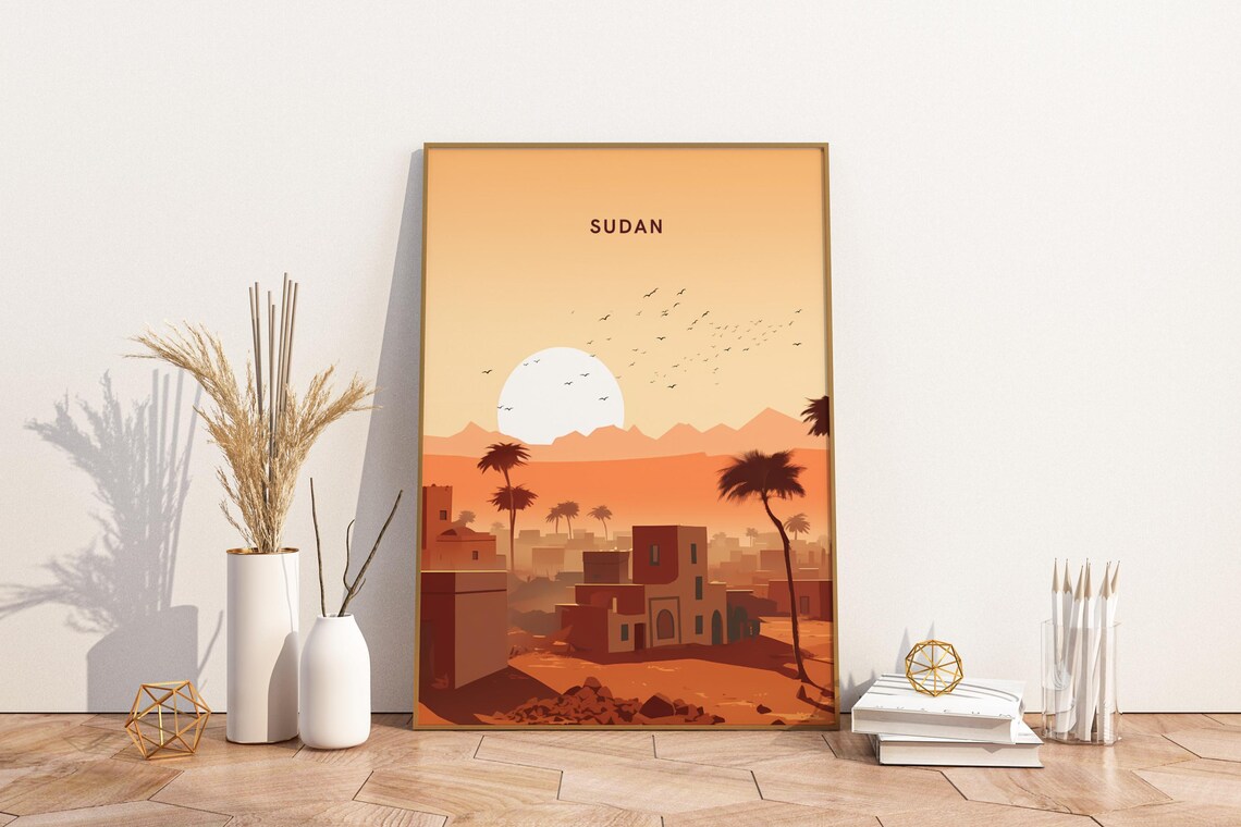 Sudan Africa Desert Village Palm Trees Golden Sunset Travel Poster