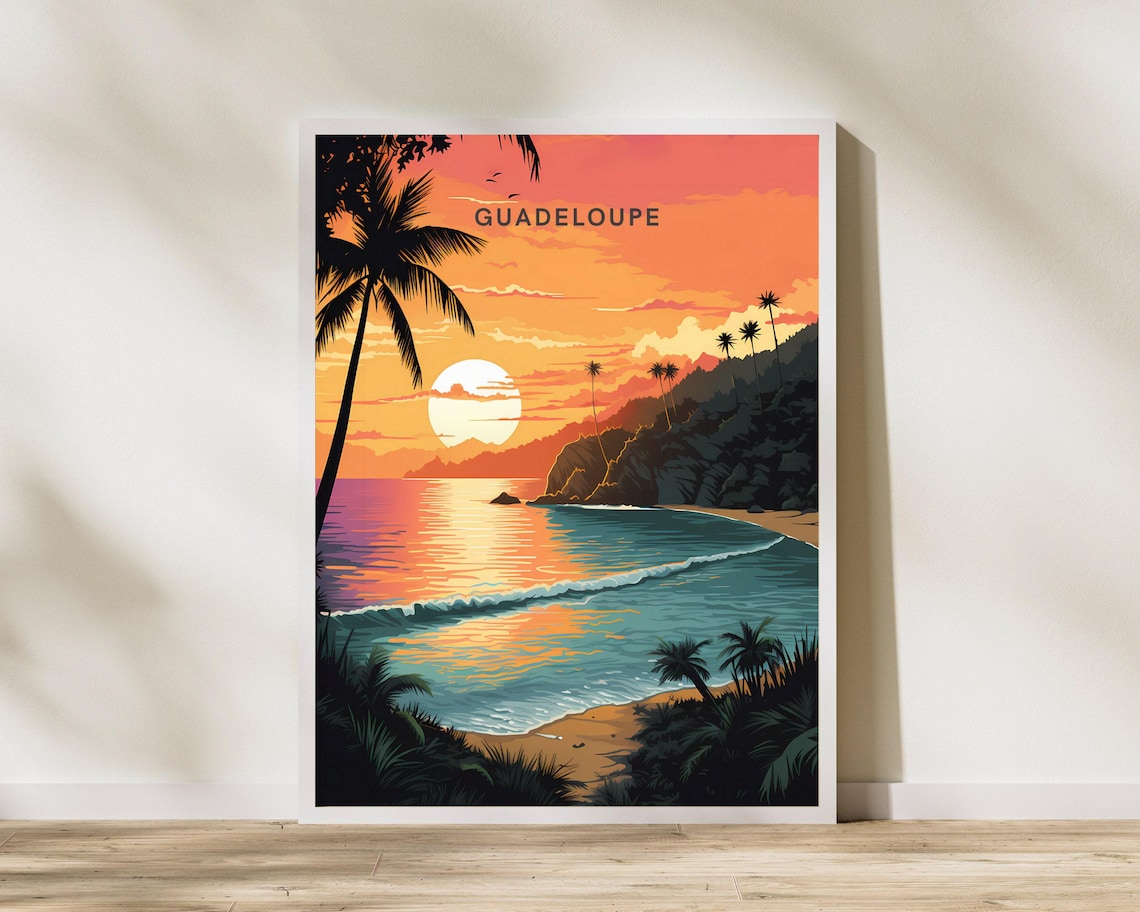 Guadeloupe Caribbean Beach Sunset Palms Tropical Illustration Poster
