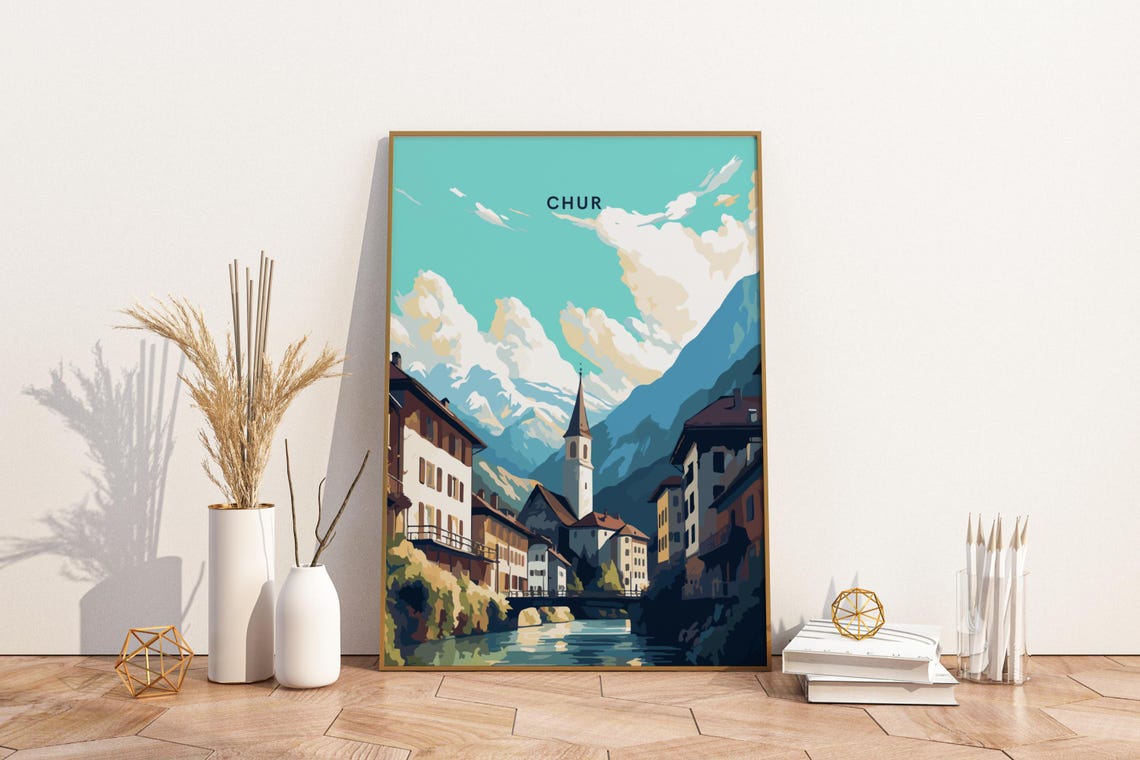 Chur Switzerland Old Town Church Alpine Mountain Travel Poster