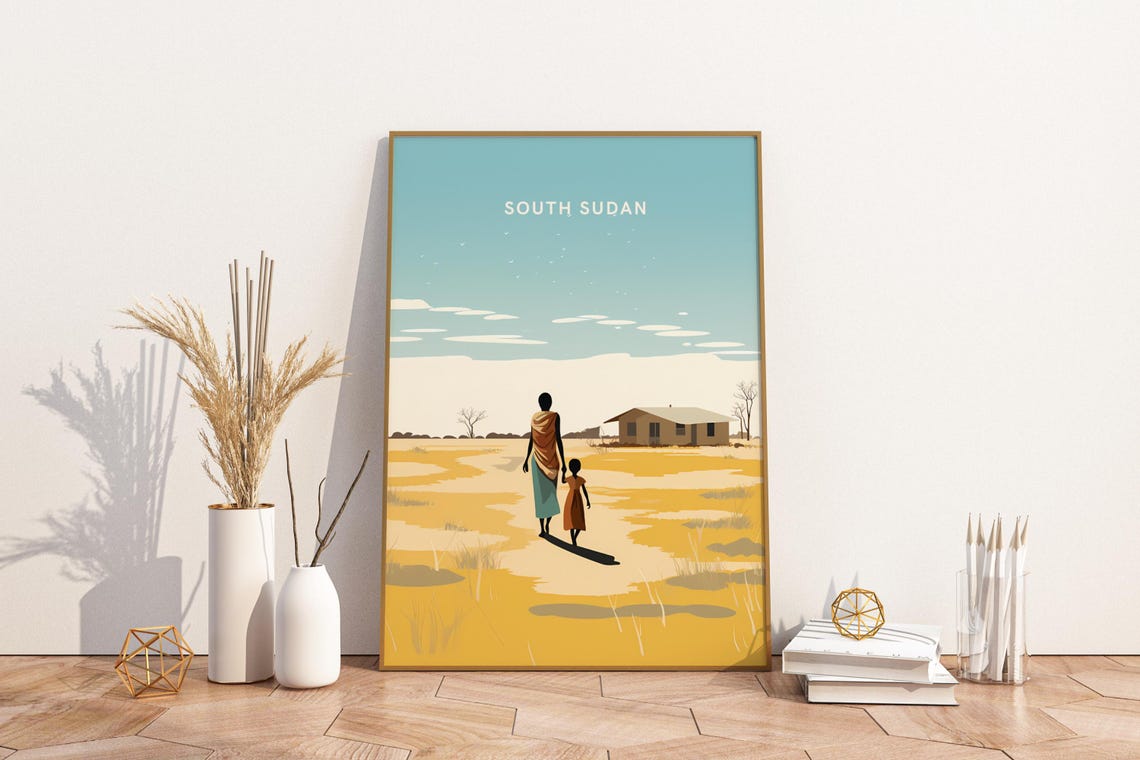 South Sudan Mother and Child Crossing Savanna Illustration Poster