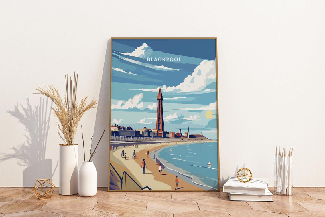 Blackpool England Golden Beach Tower Vintage Seaside Resort Poster