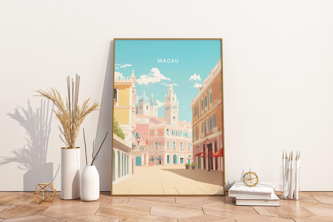 Macau China Colonial Plaza Vintage Cityscape Travel Poster Art