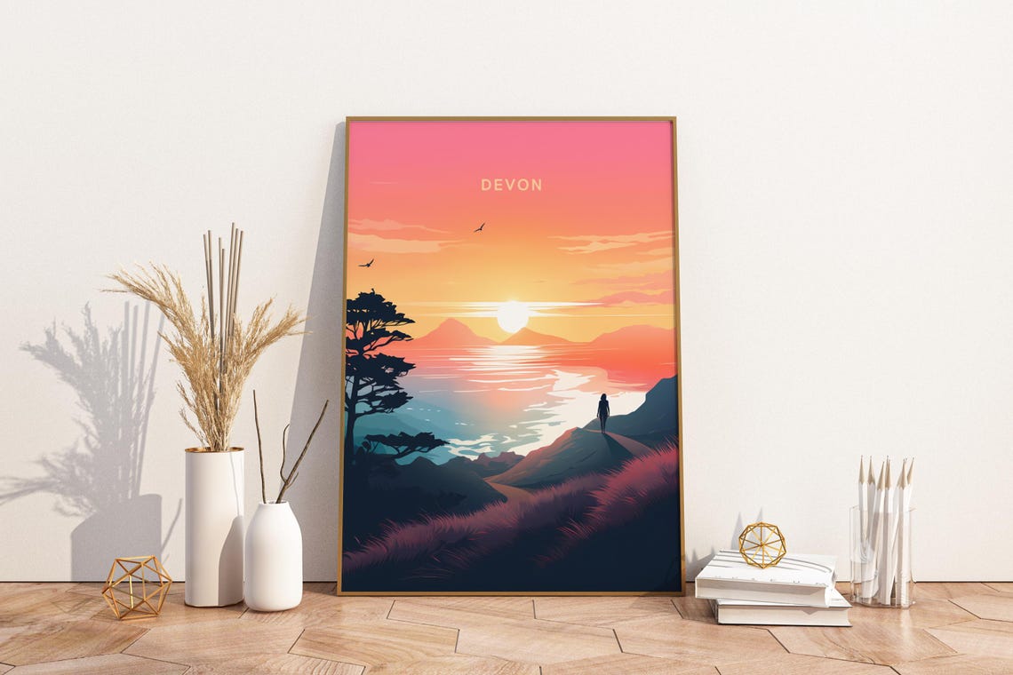 Devon England Sunset Coast Cliff Walker Silhouette Travel Poster