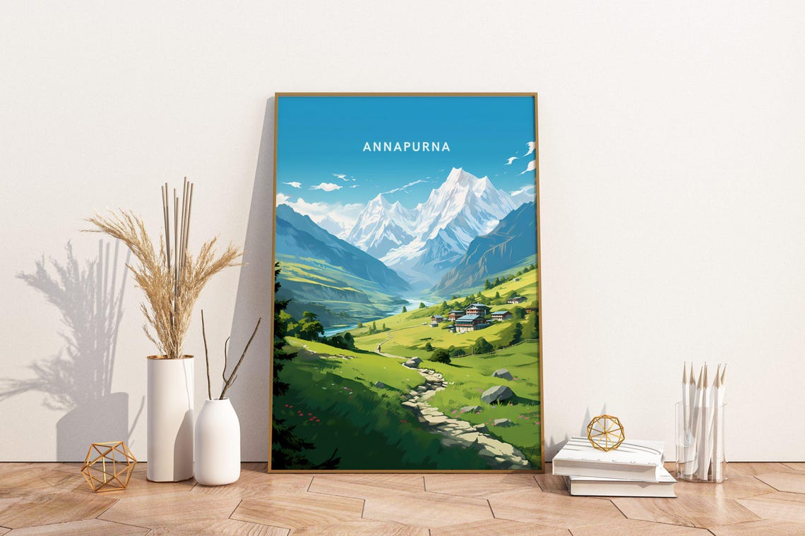 Annapurna Nepal Himalayan Peaks Mountain Village Travel Poster