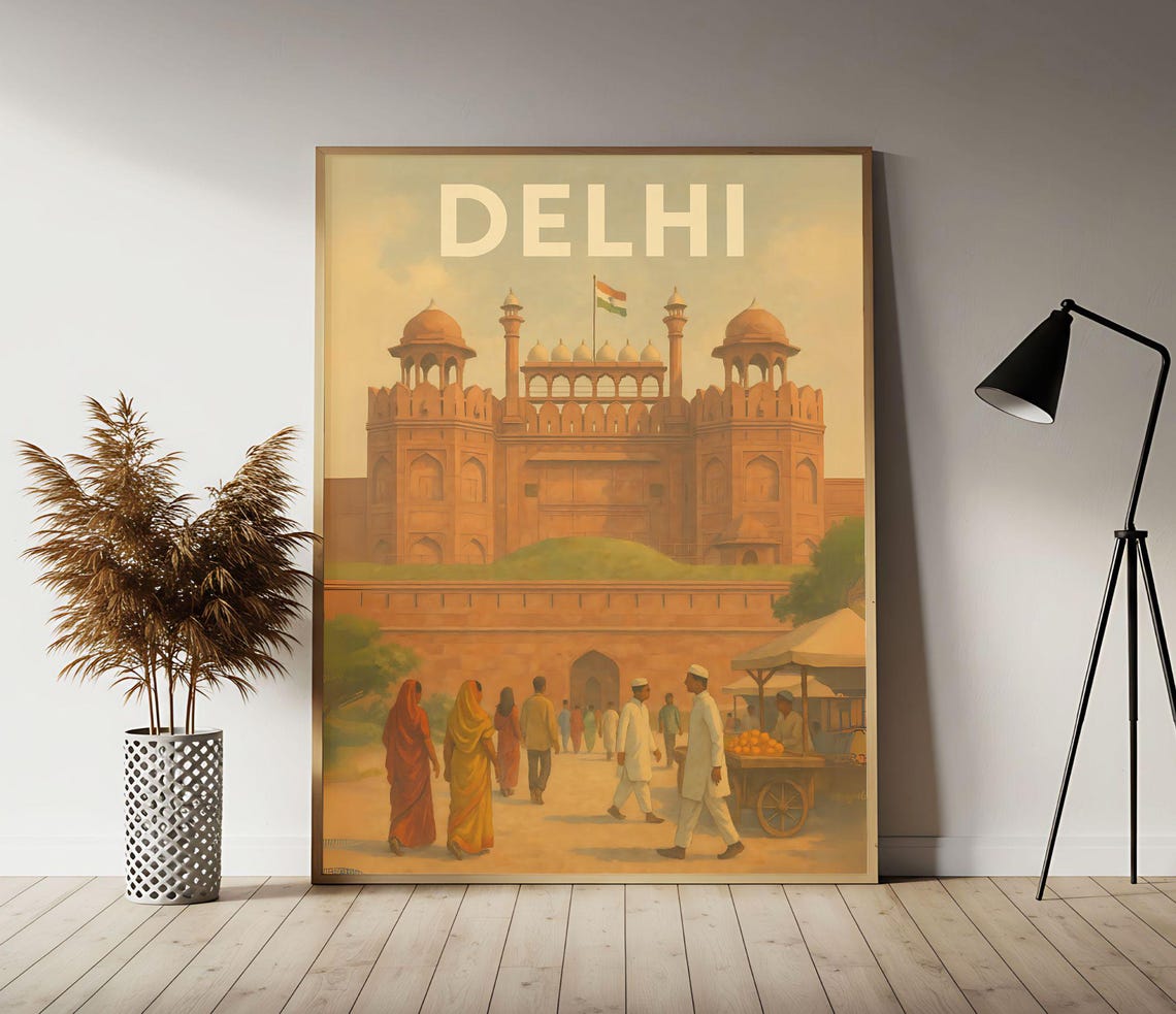 Delhi India Red Fort Vintage Travel Poster with Mughal Gate View
