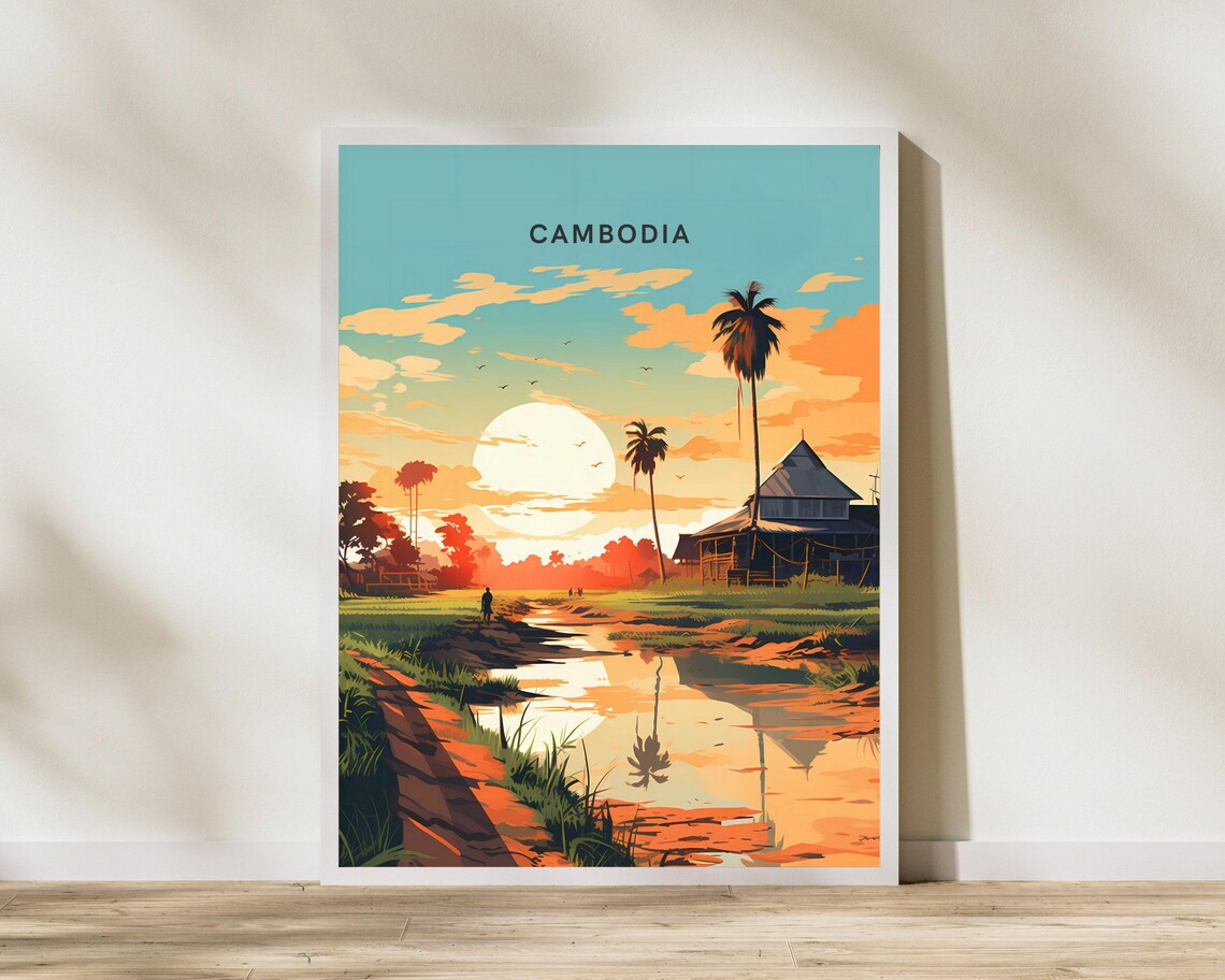 Cambodia Countryside Village Sunset Travel Poster Palm River Art
