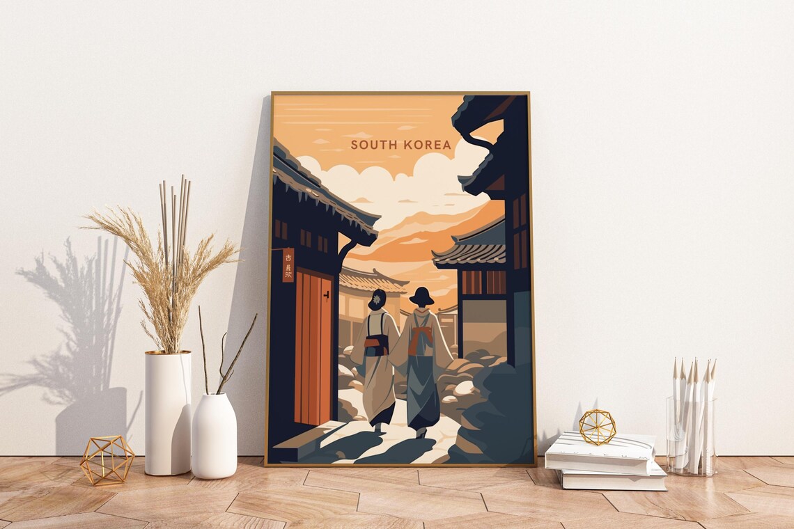 South Korea Hanok Street Sunset Traditional Village Art Poster