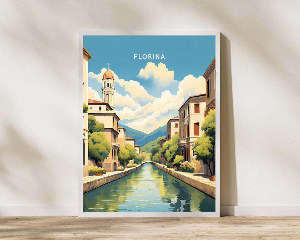 Florina Greece Canal Bridge Church Tower Old Town Travel Poster