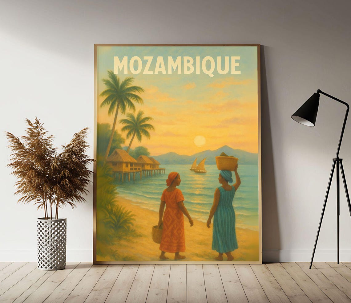 Mozambique Beach Sunset Stilt Huts Dhow Sails Vintage Travel Poster