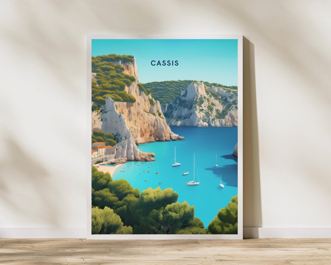 Cassis France White Cliffs Turquoise Bay Sailboats Travel Poster