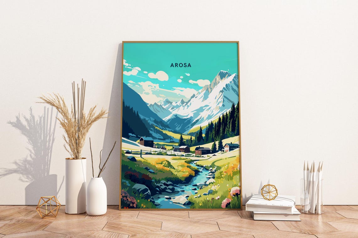 Arosa Switzerland Alpine Valley River Peaks Vintage Travel Poster