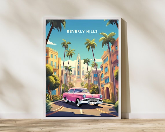Beverly Hills California Pink Classic Car Vintage Travel Poster