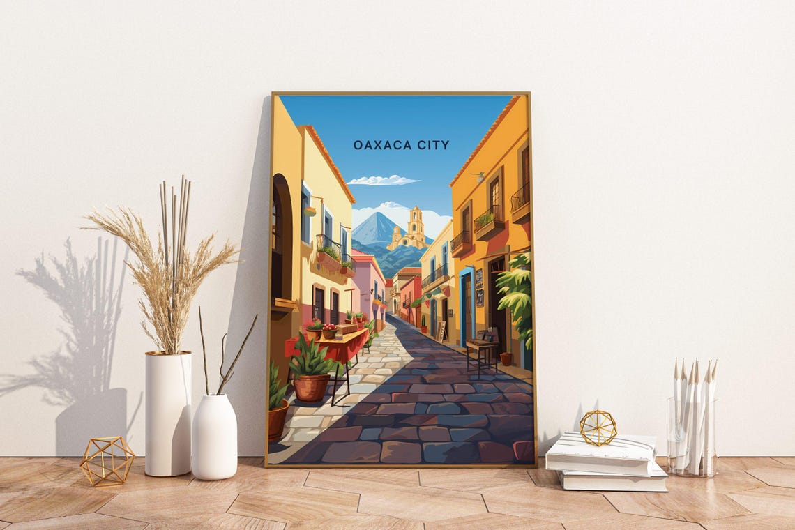 Oaxaca City Mexico Colorful Colonial Street Volcano View Poster