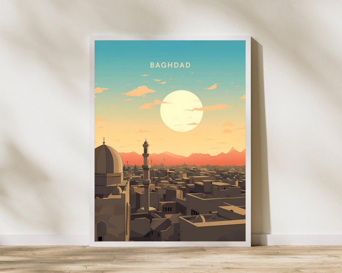 Baghdad Iraq Old City Rooftops Sunset Minimalist Illustration Poster