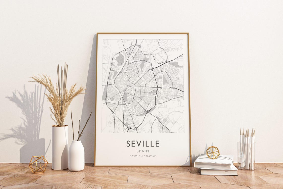 Seville Spain Street Map With GPS Coordinates Minimalist Poster