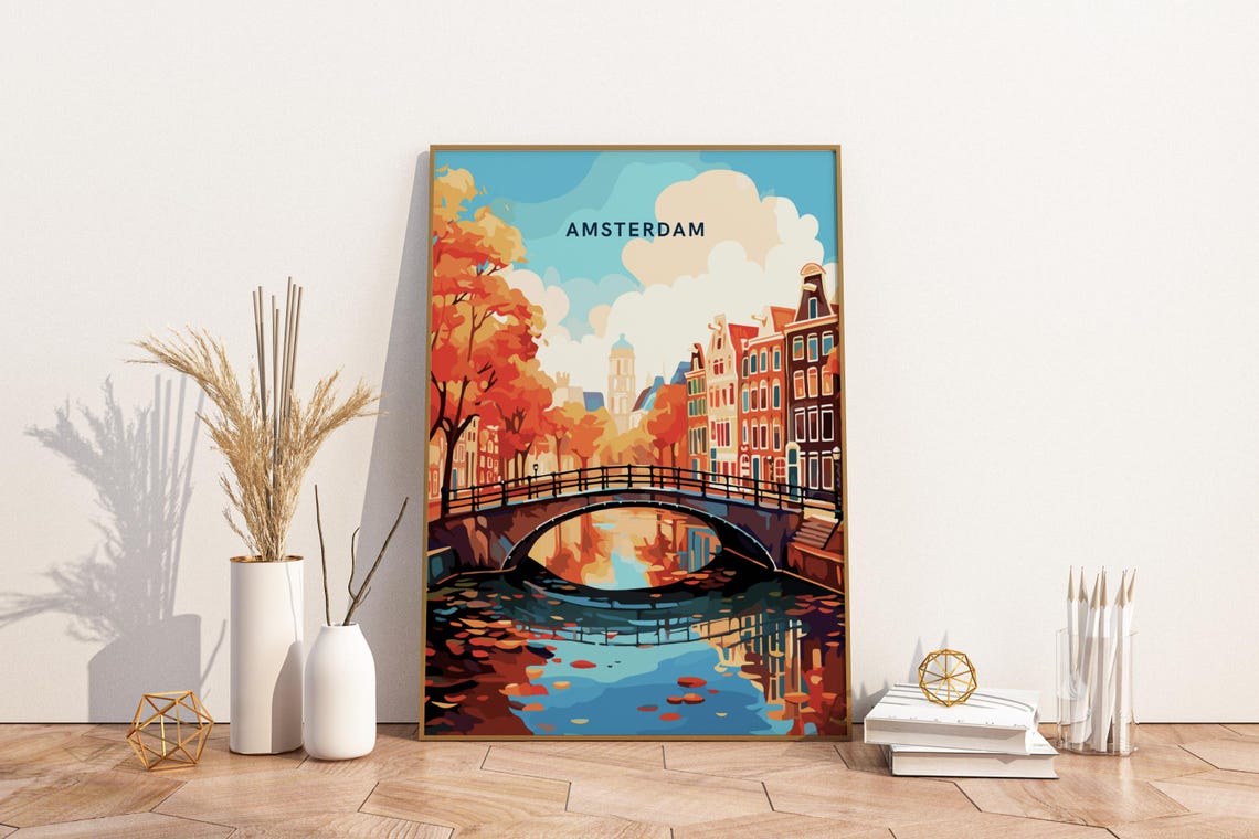 Amsterdam Netherlands Autumn Canal Bridge Vintage Travel Poster