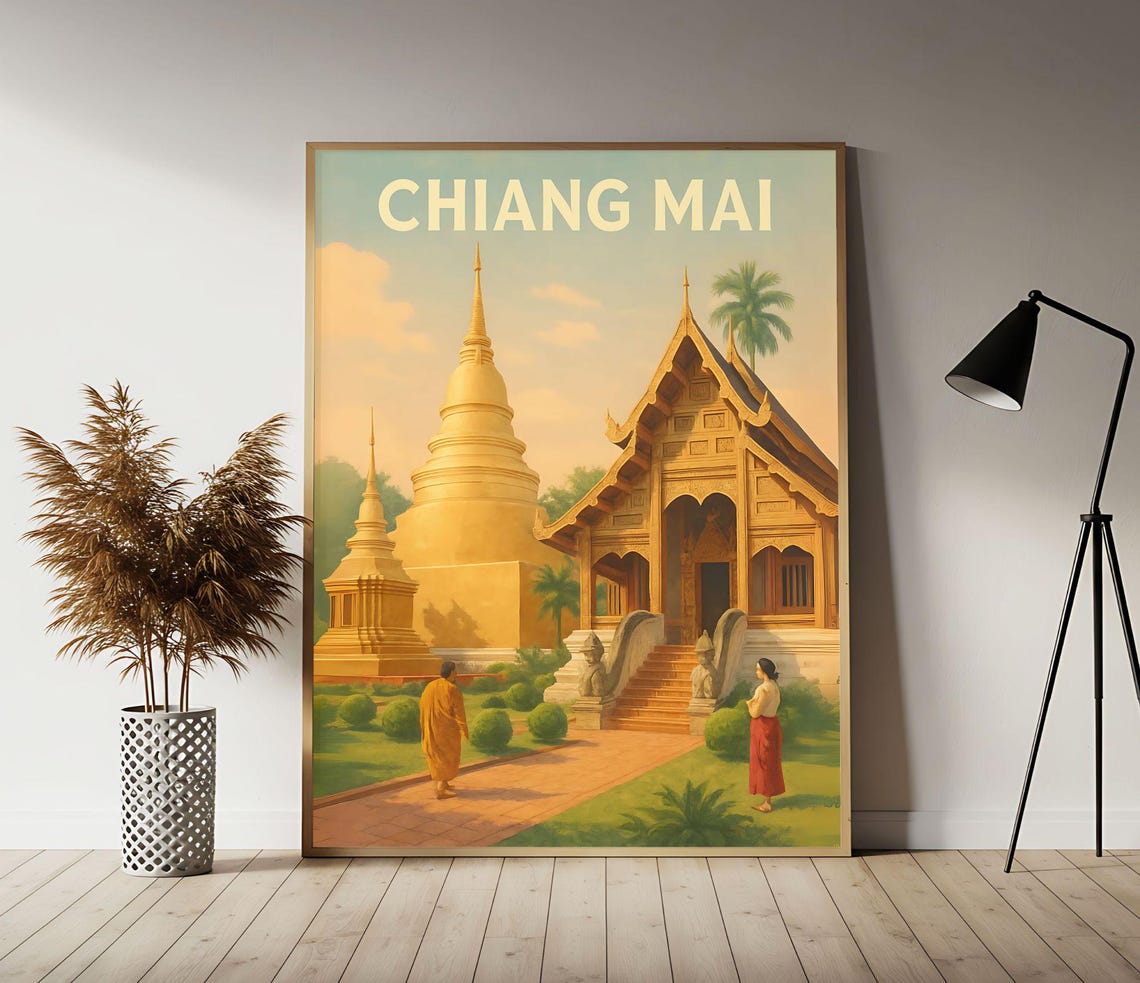 Chiang Mai Thailand Serene Golden Temples Vintage Travel Poster