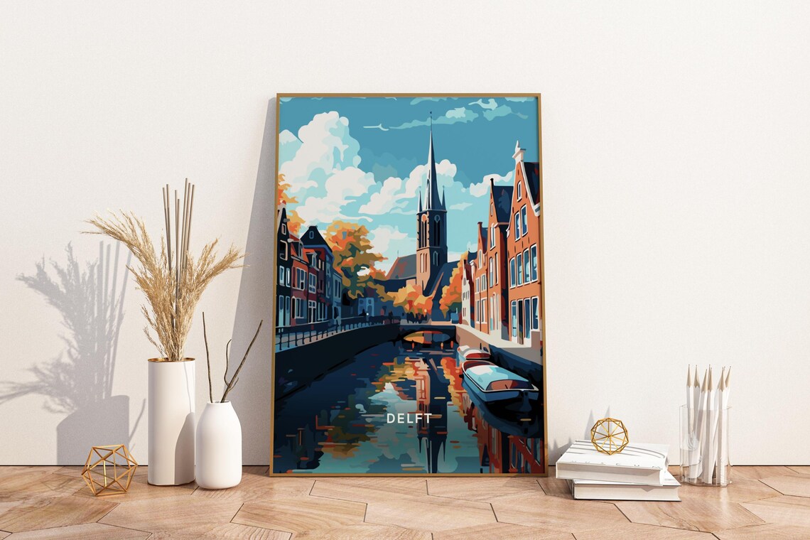 Delft Netherlands Canal Church Autumn Scenic Vintage Travel Poster