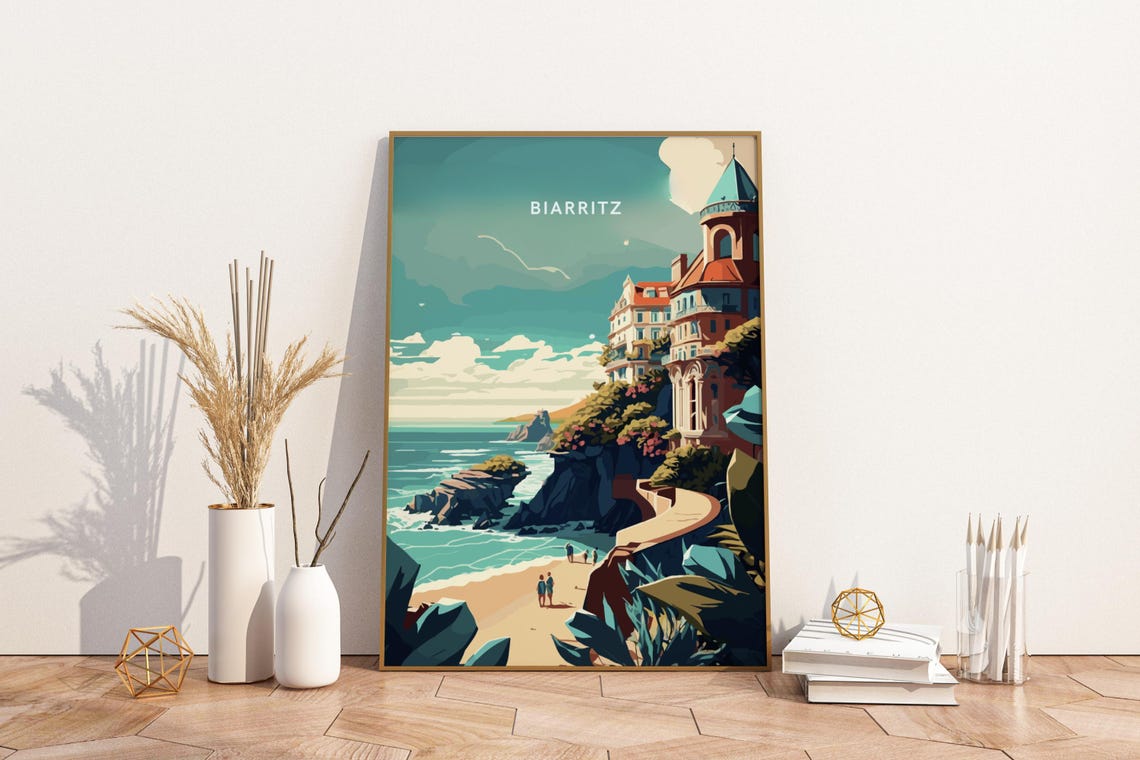 Biarritz Cliffs and Grand Hotel Vintage France Travel Poster