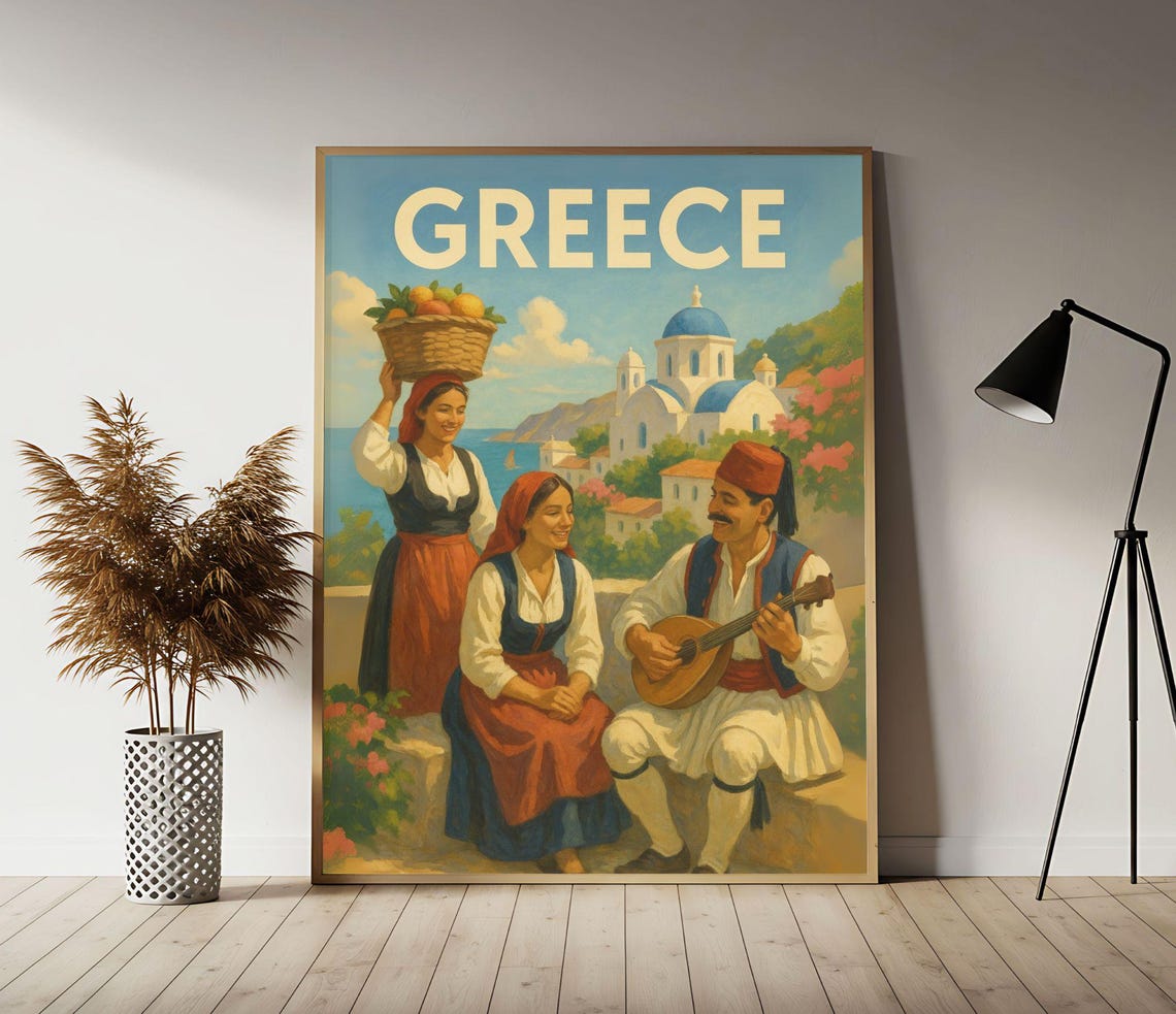 Greece Mediterranean Vintage Travel Poster with Folk Costume Scene