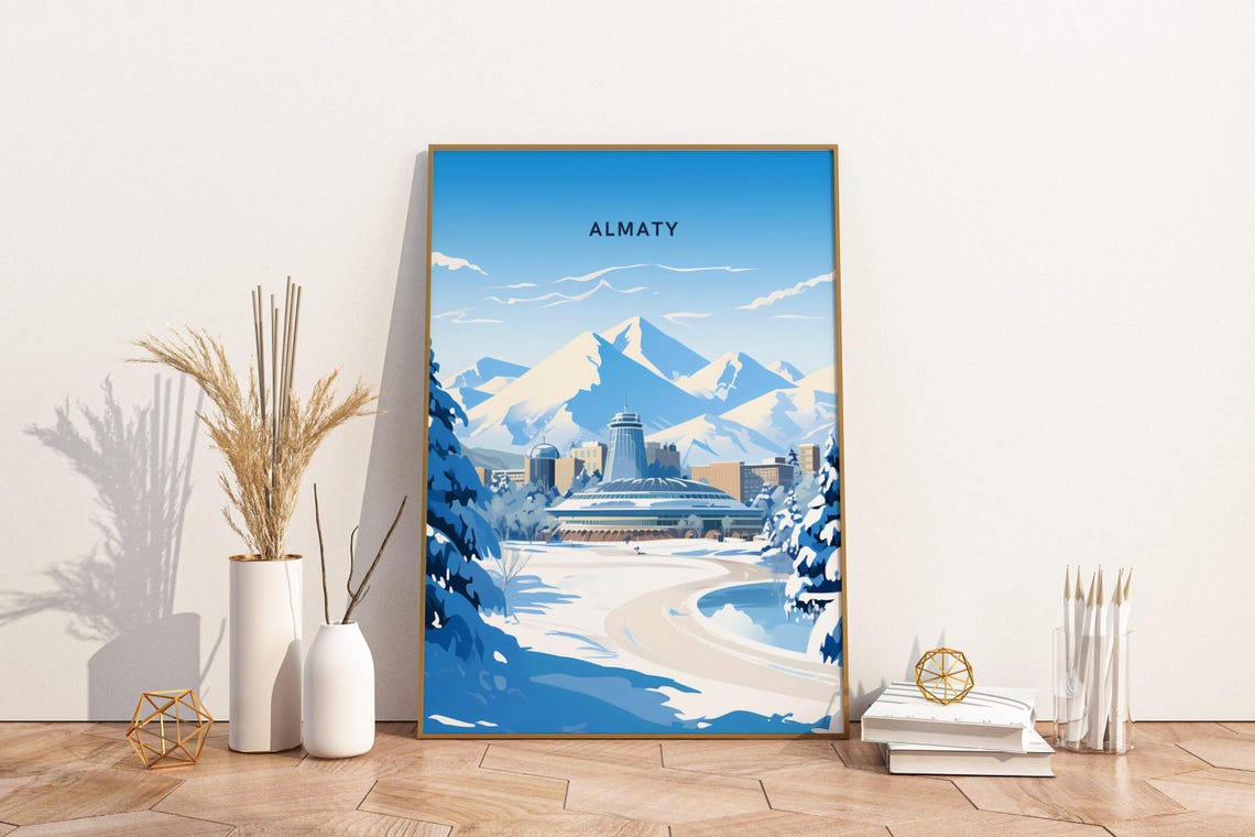 Almaty Kazakhstan Snowy Mountain Winter Vintage Travel Poster