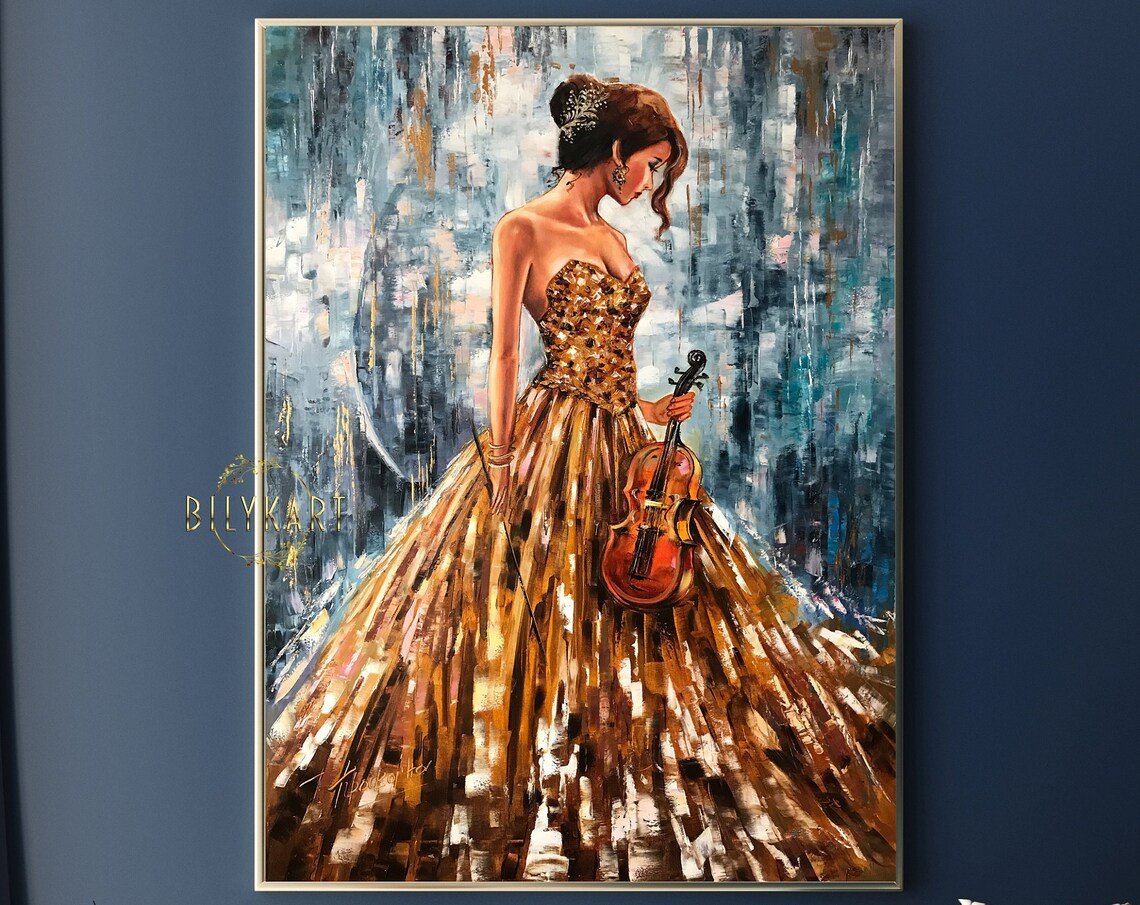 Girl With Violin Abstract Oil Painting, Modern Art Print - Image 2