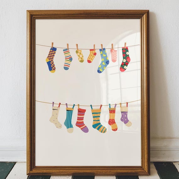 Colorful Sock Clothesline, Eclectic Laundry Room Decor