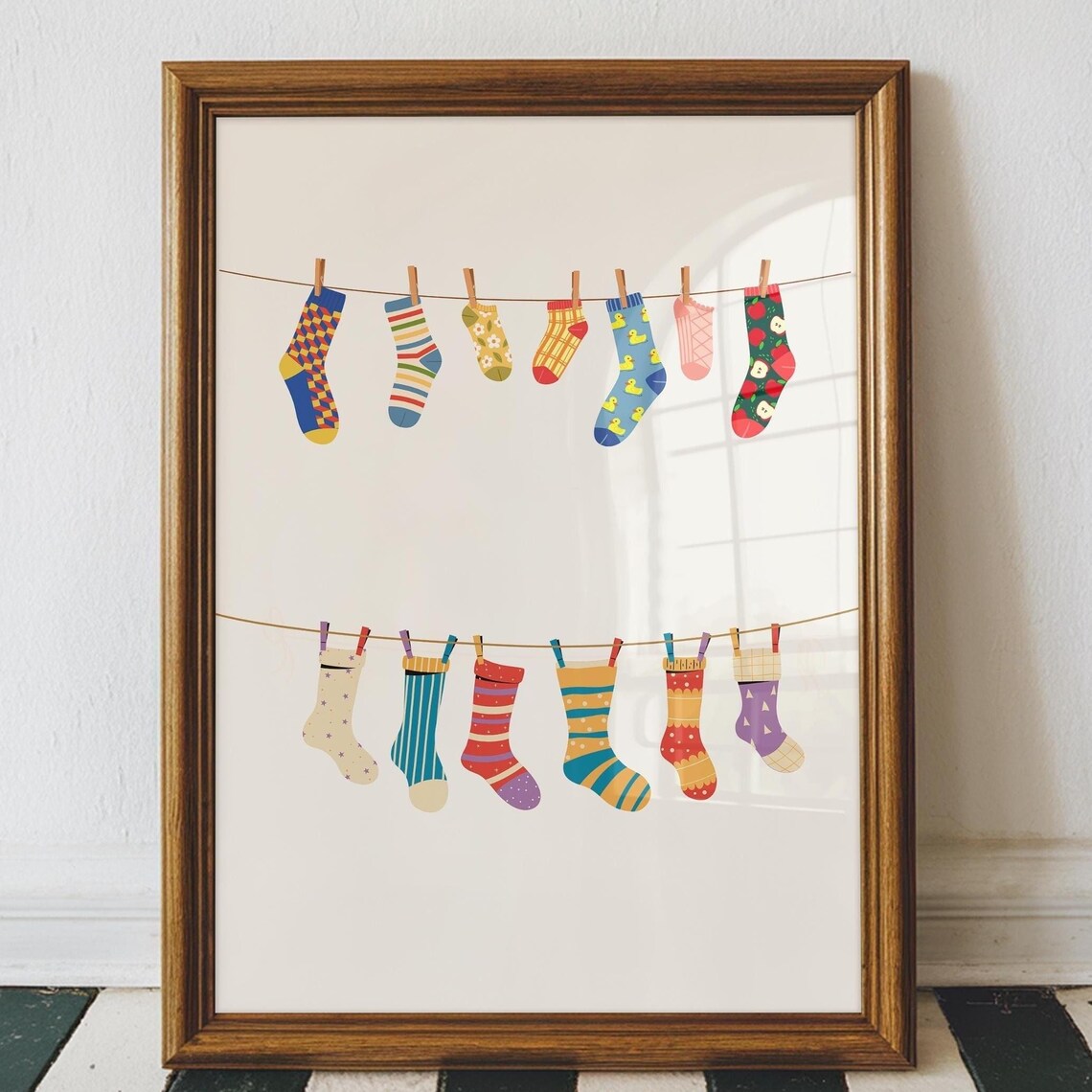 Colorful Sock Clothesline, Eclectic Laundry Room Decor