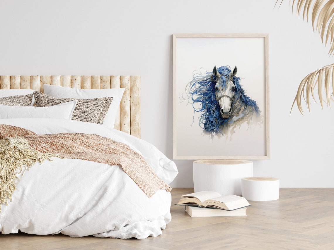 White Horse with Wild Flowing Blue Mane Dreamy Watercolor Poster - Image 2