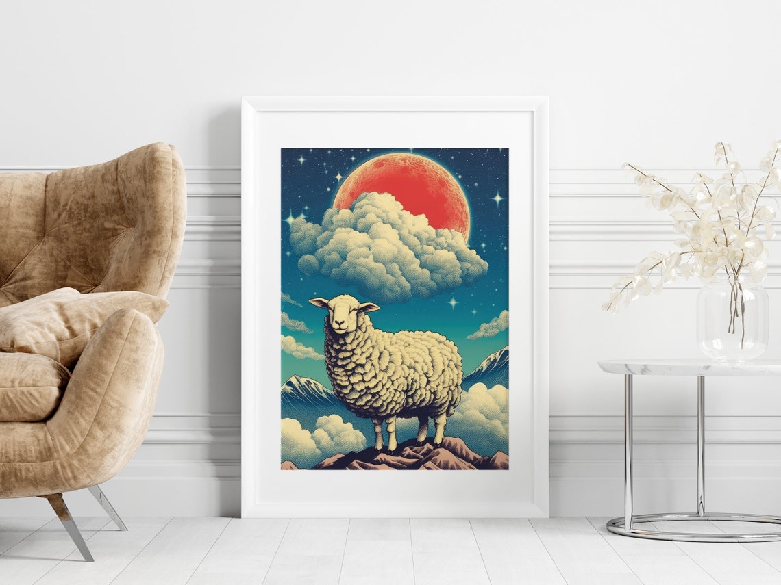 Sheep Under Giant Red Moon in Starry Mountain Night Sky Poster - Image 4