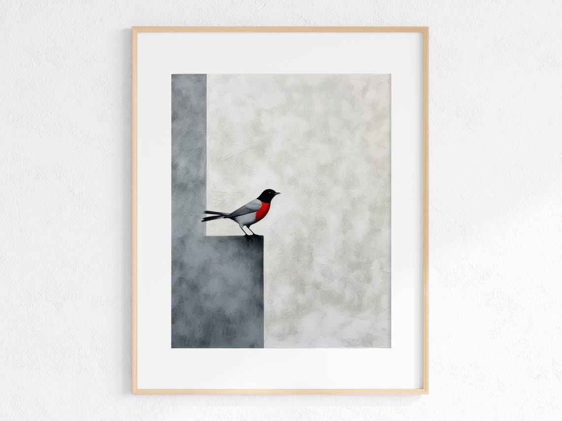 Minimalist Red-Breasted Songbird on Grey Geometric Block Poster