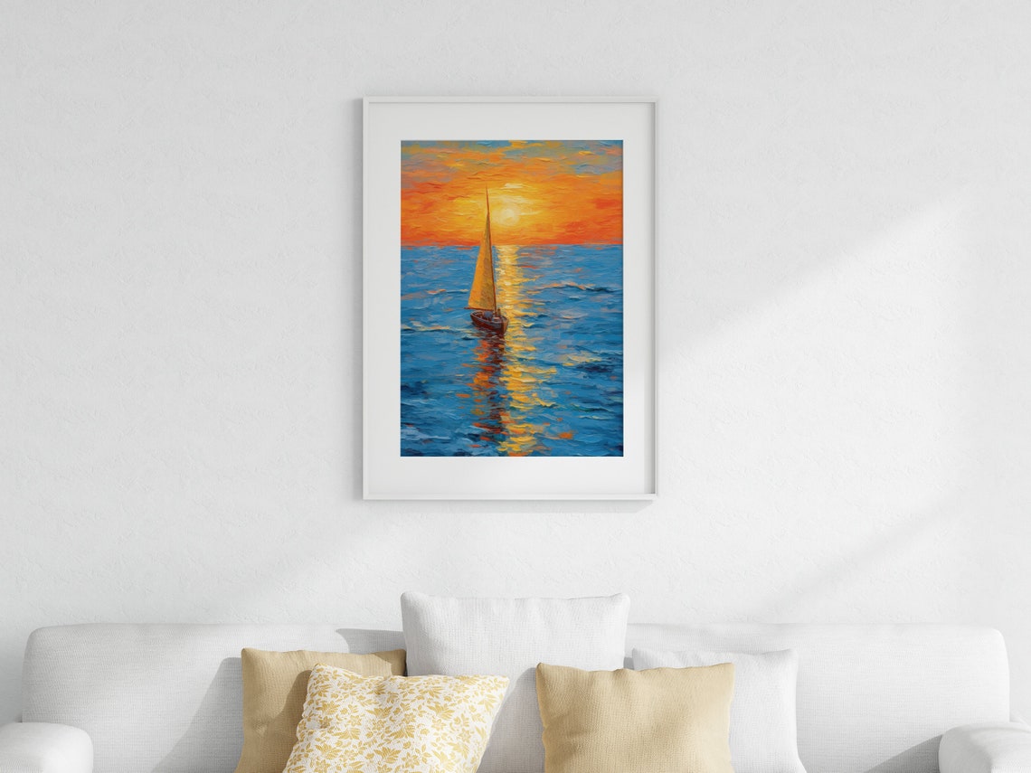 Lone Sailboat Gliding at Golden Sunset Textured Impasto Poster - Image 4