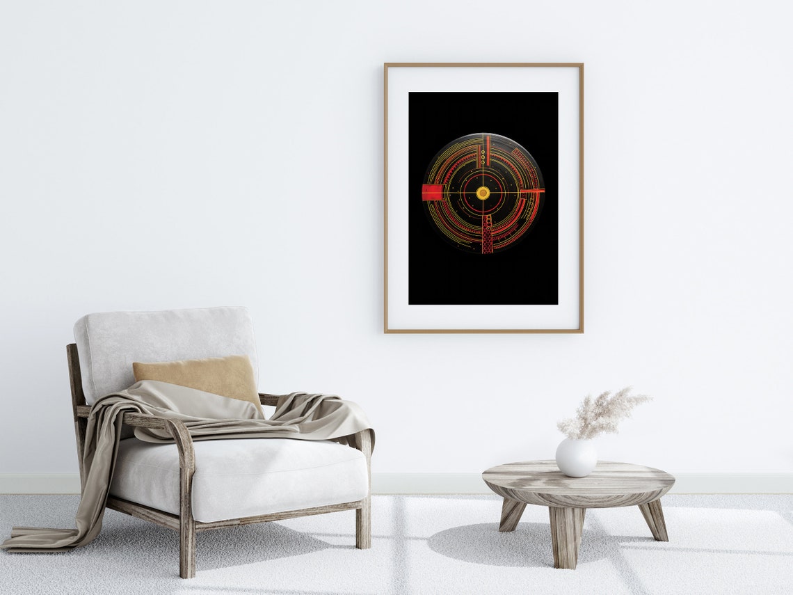 Vibrant Abstract Geometric Artwork Energetic Red Yellow Circle On Black Backdrop Modern Wall Decor Print - Image 3