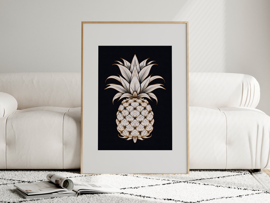 White Pineapple Fine Line Art Bold Tropical Graphic on Black Poster - Image 5
