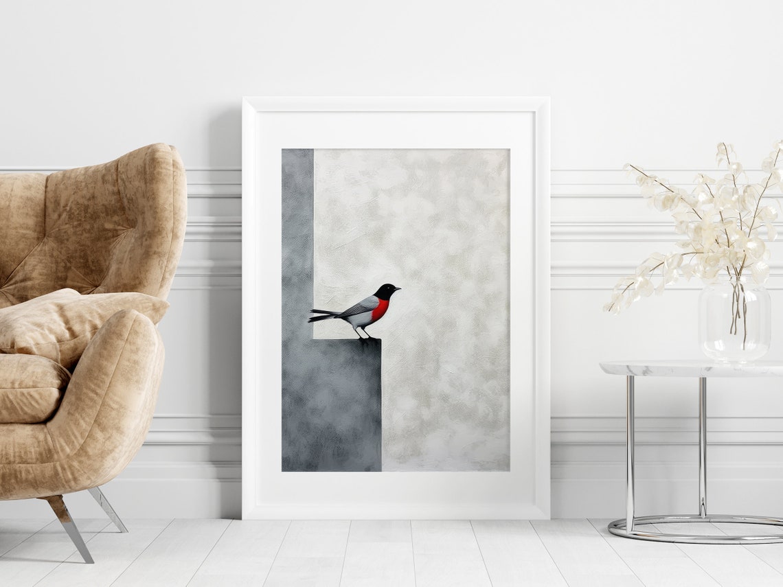 Minimalist Red-Breasted Songbird on Grey Geometric Block Poster - Image 3