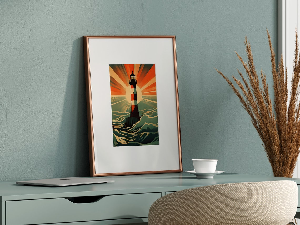 Vintage Red Striped Lighthouse Beneath Art Deco Sunrise Poster - Image 3