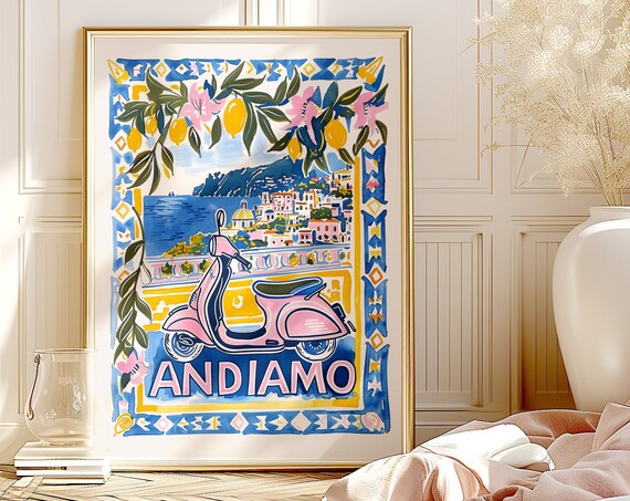 Andiamo Italy Pink Vespa Positano Lemon Blossom Watercolor Poster