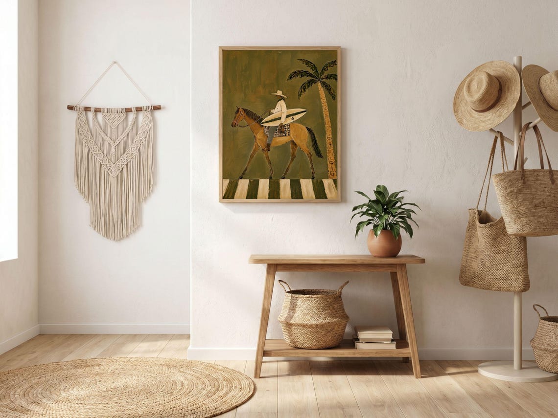 Coastal Cowboy Wall Art Surf Horse Beachy Western Modern Decor Olive Green Equestrian Print Lover Artwork - Image 2