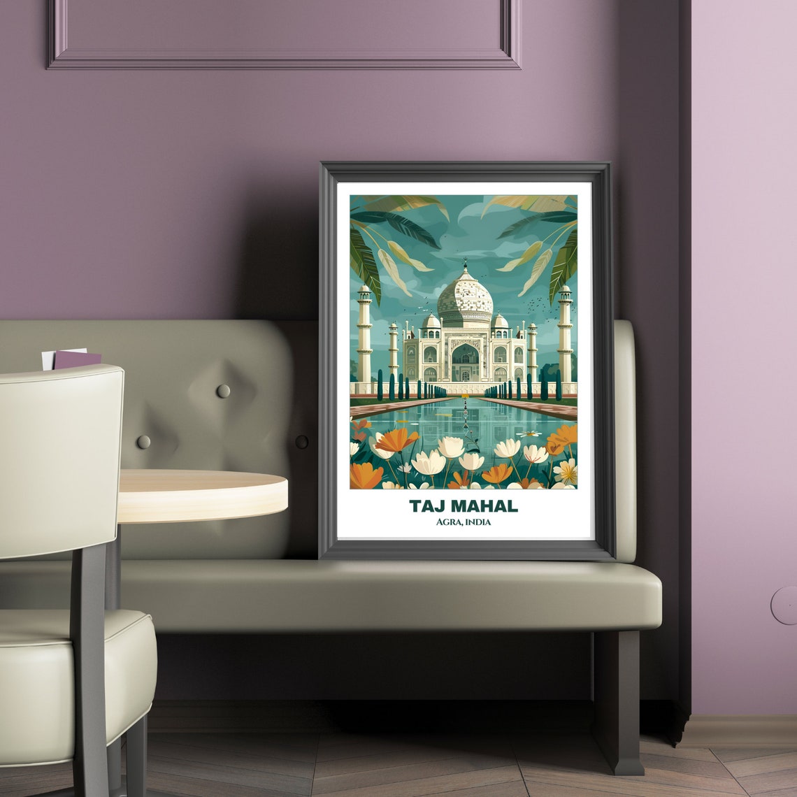 Taj Mahal Agra India Floral Garden Reflection Vintage Poster - Image 2