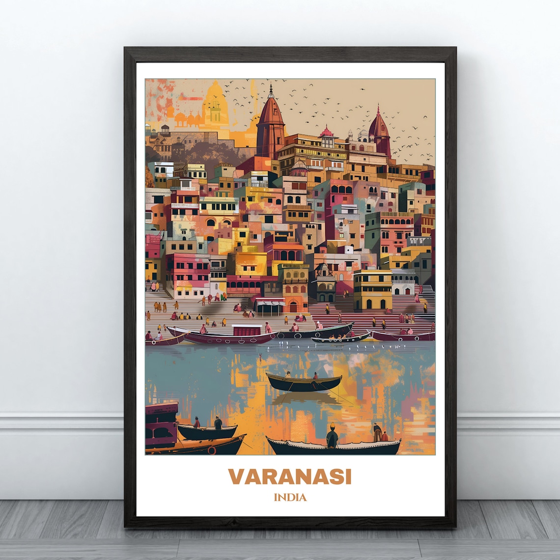 Varanasi India Sunset Cityscape River Boats Sky Travel Poster