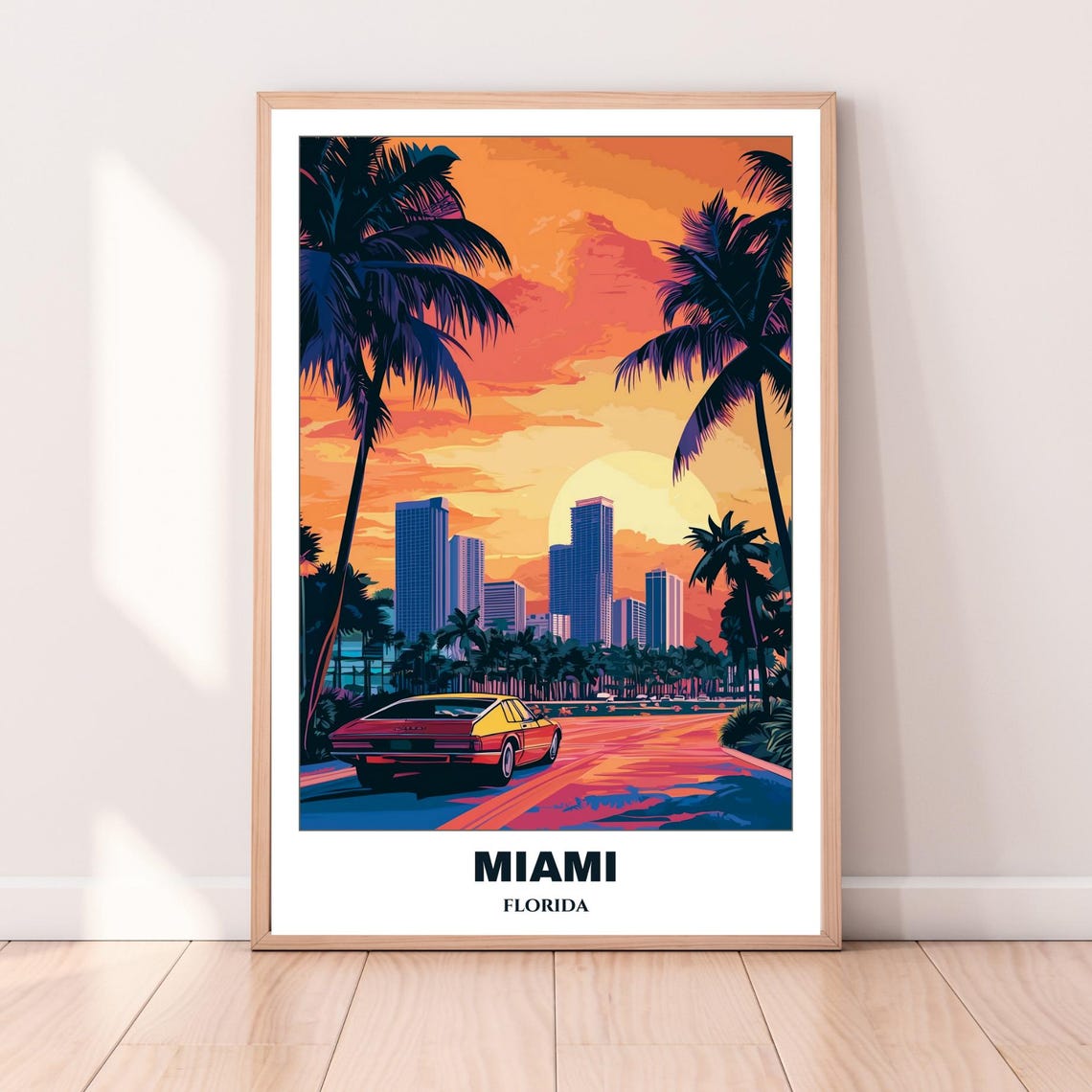 Miami Retro Sunset Classic Car Palm Trees Downtown Skyline Poster - Image 4
