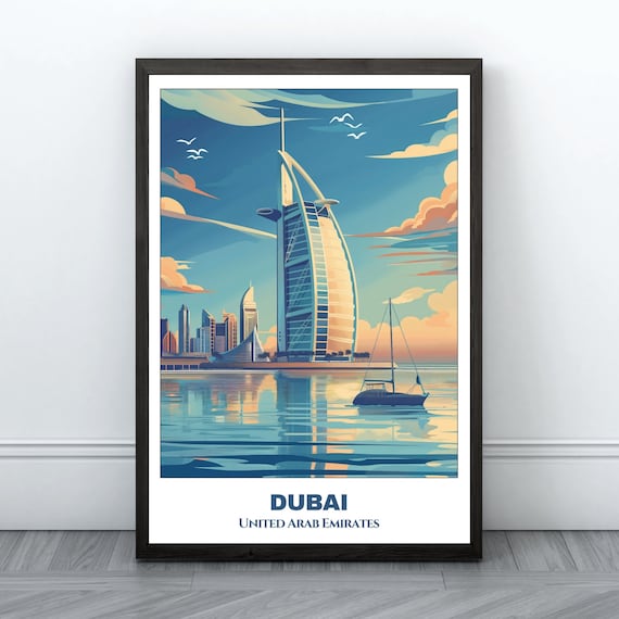 Dubai Burj Al Arab Sail Hotel Waterfront Skyline Travel Poster