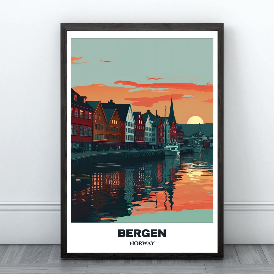 Bergen Bryggen Wharf Sunset Harbor Reflections Norway Poster