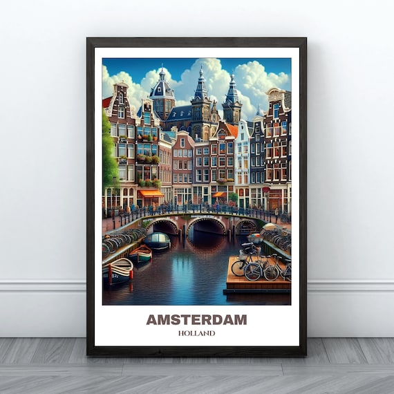 Amsterdam Canal Bridge Bicycles Gabled Houses Holland Travel Poster